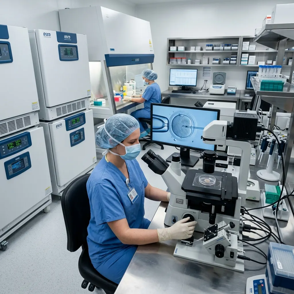 Specialist reviewing work in an IVF embryology laboratory